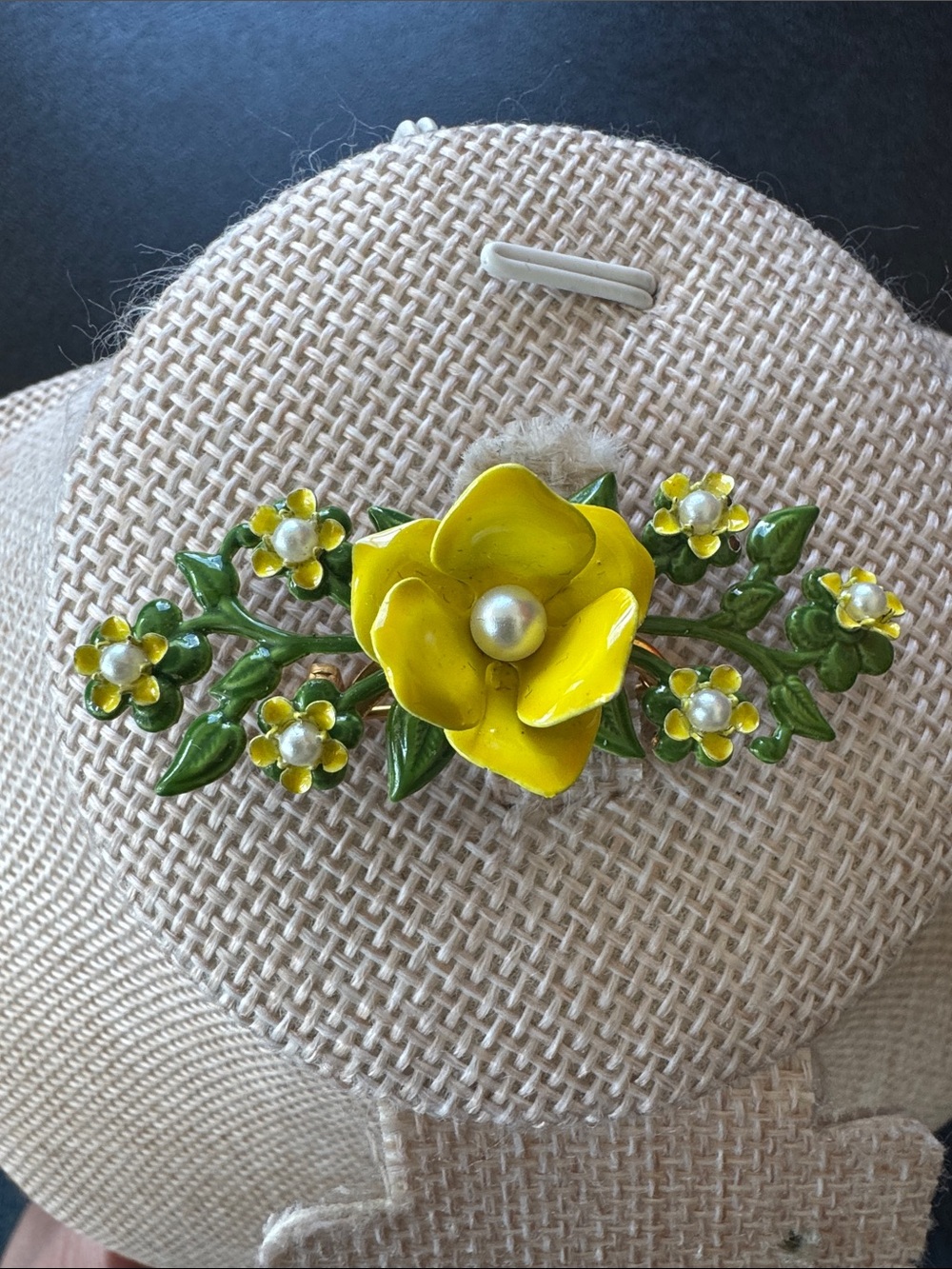 VTG Yellow Enamel Flower Brooch Faux Pearls Green Mid Century Flower Power